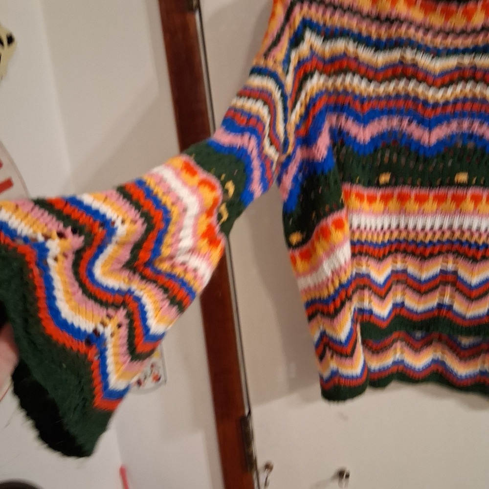 Boho Rainbow Chevron‎ Stripe Sweater Bell Sleeve Crochet EUC L